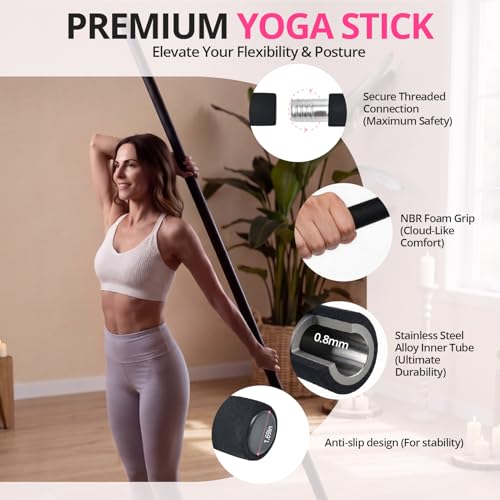 Yoga Stick, Upgraded 5ft Sturdy Steel Mobility Stick, Adjustable Stick for Exercise, Stretching, Balance - Physical Therapy & Posture Correction, Shoulder & Back Relaxation Versatile Exercise Stick