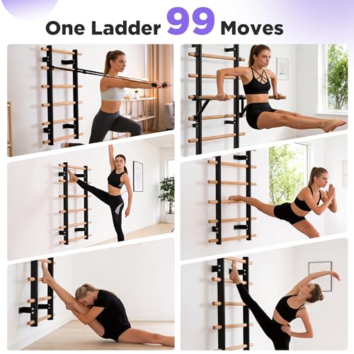 Half Height Swedish Wall Ladder Bar Full Body Workout for Small Home Gym | Compact wall design,Wood rungs & steel brackets suit family full body stretch, gymnastics & home fitness