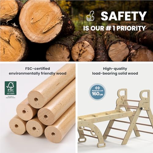 BlueWood Pikler Triangle Set with Safe Handle, Climbing Toys for 1-3 Year | Foldable 7-in-1 Montessori Toddler Climbing Toys Indoor, Wooden Pickler Climbing Set, Baby Jungle Gym & Playground, Natural - color: Natural Wood