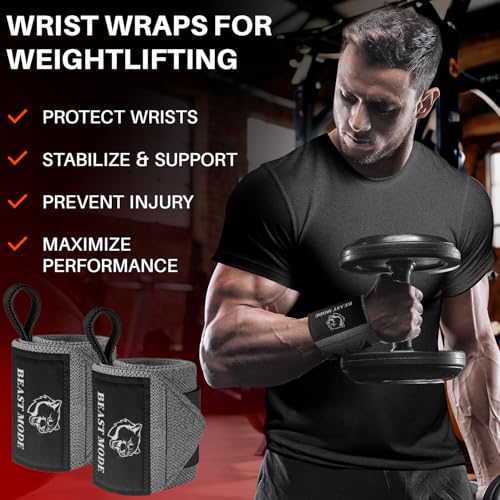 TECEUM Weightlifting Wrist Wraps with Thumb Loop – Gray – Beast Mode – 18 inch – Heavy-Duty Workout Wrist Support & Protection – Ideal for Powerlifting, Strength Training, Bodybuilding