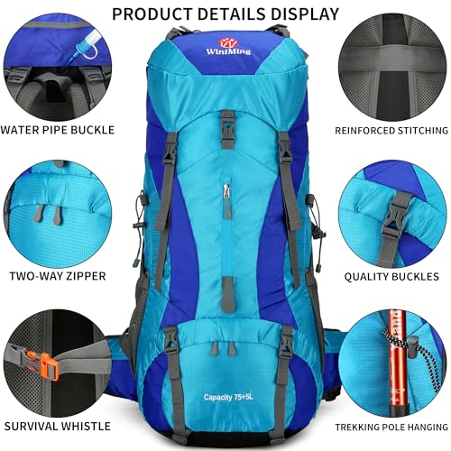 75L Hiking Backpack with Rain Cover Waterproof Camping Backpack Shoes Warehouse for Men Women, Frameless - color: Blue, size: 75L