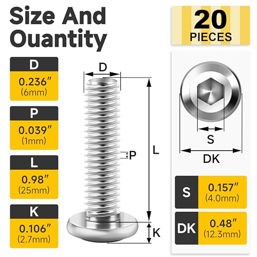 Mywish M6 x 25mm 20Pcs Flat Head Hex Socket Cap Screws Bolts, 304 Stainless Steel Furniture Bolts Full Thread, Bright Finish & Hex Spanner - color: Silver-M6, size: 25mm