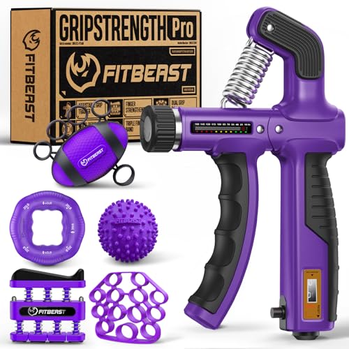 FitBeast Grip Strength Trainer, Hand Gripper Strengthener Kit - 6 Pack with Adjustable Resistance Forearm Strengthener, Forearm Exerciser and Massage Balls for Hand Therapy, Grip Training - color: Purple
