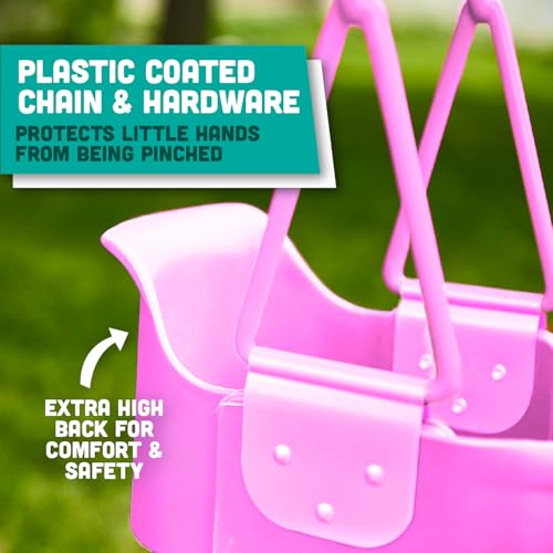 Premium High Back Full Bucket Toddler Swing Seat with Finger Grip, Plastic Coated Chains and Carabiners for Easy Install - Pink - Squirrel Products - color: Pink