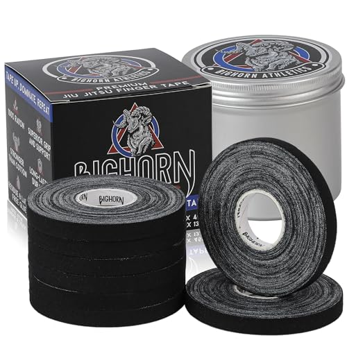 Bighorn Athletics Pro Finger Tape + Tin, 0.3" x 45Ft, 8 Rolls, Black | Pro Series competition tape – 50% stronger than cotton. Residue-free, sweat-proof adhesive for Jiu Jitsu & hard training. - color: Black