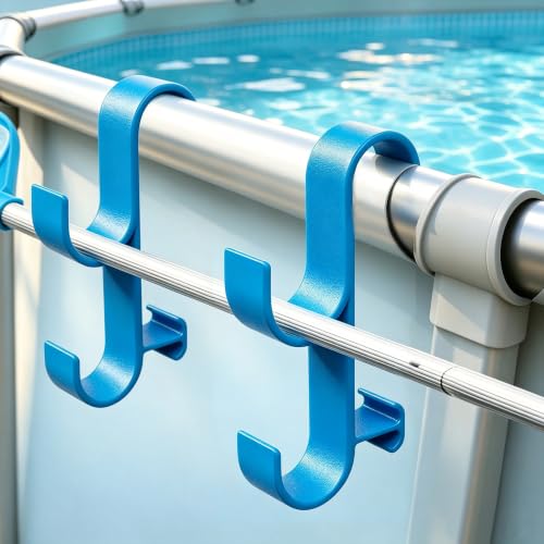 2Pcs Above Ground Pool Pole Hooks, Double Hanging Bracket for Pool Telescopic Pole, Leaf Skimmer Net & Vacuum Hose, Pool Rail Accessory Storage Hanger(Blue) - color: Blue