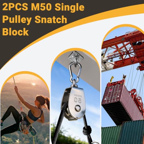 2PCS 304 Stainless Steel M50 Single Rope Pulley Block | Heavy Duty Lifting Crane Swivel Hook for Hanging Wire and Crane Operations | Heavy Duty Lifting Crane Swivel Hook For Hanging Wire and Crane Operations - size: 2P-M50