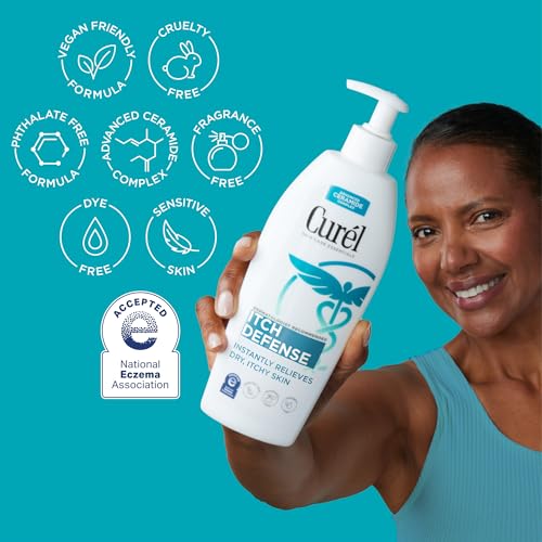 Curel Itch Defense Calming Body Lotion, Moisturizer for Dry, Itchy Skin, Body and Hand Lotion, with Advanced Ceramide Complex, Pro-Vitamin B5, Shea Butter, 13 Oz | Soothes Itchy Skin, Prevents Eczema Flare-Ups, Ceramide Moisturizer, Fragrance-Free, Dermat