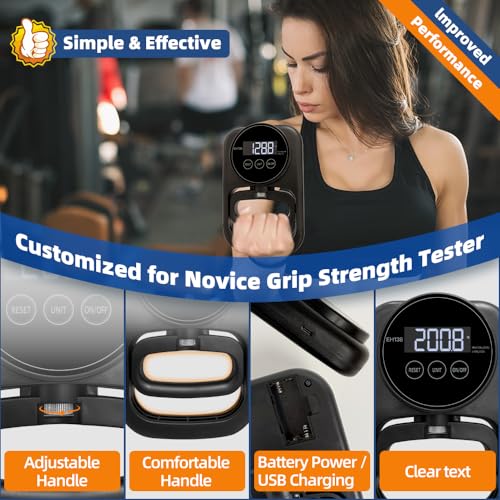 Grip Strength Tester Hand Gripper - Grip Strength Trainer Hand Dynamometer Handheld Meter LED Display Comfortable 265 Lbs / 120 Kgs Finger Strengthener for Sports Home School Gym Use - color: Black