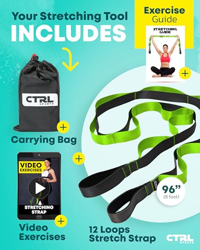 Stretching Strap with Loops - Non Elastic Stretch Band for Physical Therapy, Yoga Strap for Stretching Equipment, Stretch Bands for Exercise and Flexibility - Fascia, Hamstring & Leg Stretcher Belt - style: 12 Loops - Green