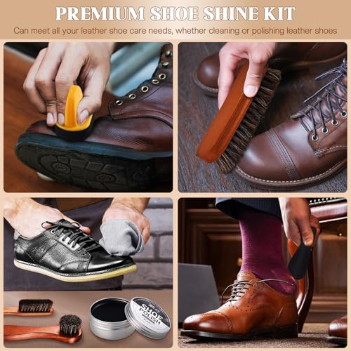 17Pcs Leather Shoe Polish Set Travel Boots Shine Care Kit Horsehair Brushes for Men Him Husband Dad (Style A)