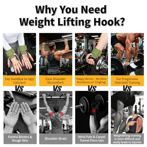GPANDAG Weight Lifting Hooks for Men and Women (Pair) | 330 LB Heavy Duty Gym Lifting Wrist Strap Hook for Deadlifts, Pull-Ups, Strength Training, 0.4inch Grip Weightlifting Hooks - color: Army Green