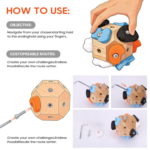 Boulder Block – 12 Solid Resin Climbing Holds on Wood Base, Portable Finger Strength Trainer for Bouldering, Climbing Grip Strengthener with Lanyard