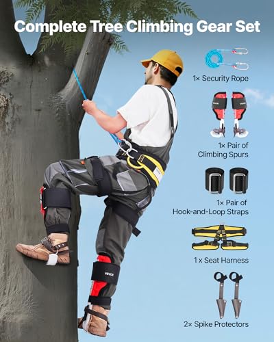 VEVOR Tree Climbing Spikes Set, 1 Pair Height-Adjustable Climbing Spurs with Security Harness and Utility Rope, 350lbs Load Capacity Tree Climbing Gear, Arborist Equipment for Climbers, Fruit Picking - color: Red