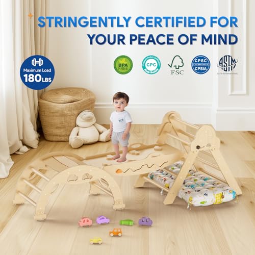 Pikler Triangle Set with Cushion 9 in 1 Foldable Montessori Climbing Toys for Toddlers 1-3 Indoor Wooden Kids Playground Baby Climbing with Maze Toys, Shape Sorter Toys, Car