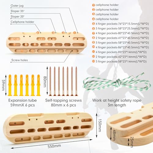 Climbing Hangboard Rock Climbing Fingerboard Gifts Portable Mounted Training Station Pull Up Bar Wooden Hand Grip Strengthener Exerciser with Installation Kit and Rope for Climbers Athletes