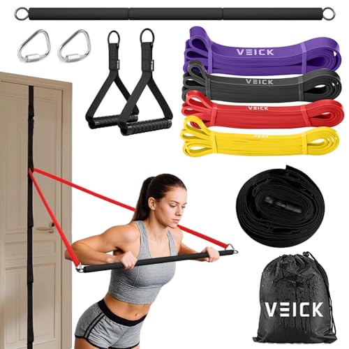 VEICK Pull Up Assist Resistance Bands for Home Gym | 100% Natural Latex, Non Slip Leather Texture, Space Saving, Versatile for Full Body Training, Home Gym - color: Colorful Set of 4 + Pilates Bar