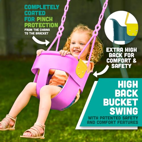Premium High Back Full Bucket Toddler Swing Seat with Finger Grip, Plastic Coated Chains and Carabiners for Easy Install - Pink - Squirrel Products - color: Pink