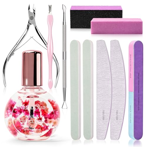 MelodySusie Manicure Tools Kit Nail Care Set | Nail Files, Buffer Blocks,Cuticle Nipper,Busher and Rose Cuticle Oil 28ML for DIY Nail Manicure and Nail Care - size: 11Pcs Rose