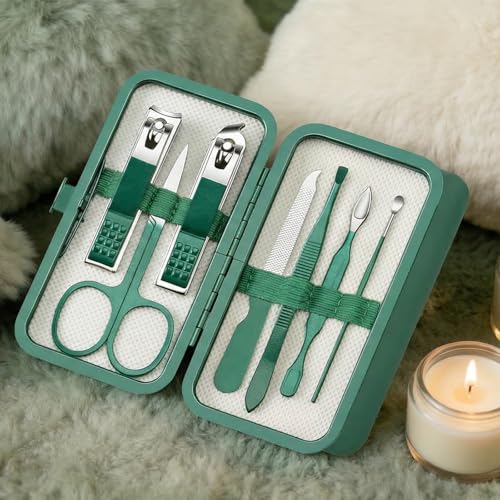 Manicure Kit for Women Men-Manicure Set with Case, Nail Clippers, Portable Nail Care Kit for Travel Home Personal Grooming（Green 7 in 1） - color: Green