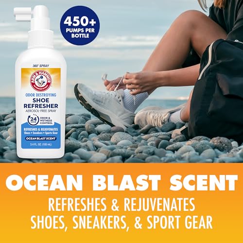 Arm & Hammer Shoe Refresher Spray, Odor Eliminator for Sneakers, 24 Odor & Wetness Control, Aerosol-Free Shoe Deodorizer Spray, Ocean Blast Scent, 3.4 oz, Pack of 2 - size: 3.4 Ounce (Pack of 2)