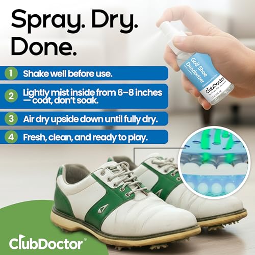 Club Doctor Golf Shoe Deodorizer Spray, Enzyme Odor Eliminator with Premium Elite Leather Scent Air Freshener, Smell Absorber, Fast-Drying Safe for All Materials Long-Lasting Freshness for Golf Shoes