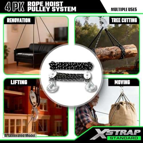 XSTRAP STANDARD Heavy-Duty 50 FT Reflective Rope Hoist Pulley System, Black | Metal Wheels Bearing 2000 LB Breaking Strength Block and Tackle Pulley System for Lifting Heavy Objects, with 2pcs Soft Loops - color: 50 Ft+Reflective Silver Black+2 Soft Loops