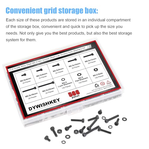 DYWISHKEY 566 Pieces M2.5 Black Screws, 12.9 Grade Alloy Steel M2.5X 4/6 /8/10 /12/16 /20mm Hex Socket Head Cap Screws Bolts Nuts Washers Assortment Kit - size: M2.5, style: Socket Head