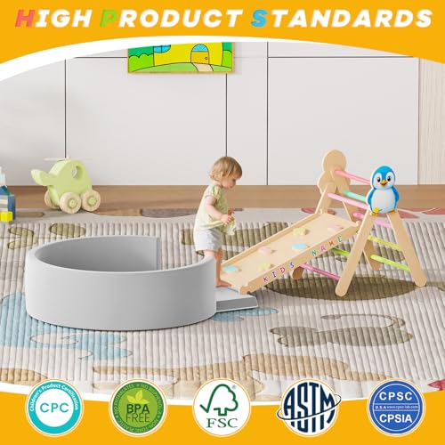 Acenova Pikler Triangle Climbing Set with Cushion and DIY Name Stickers, Montessori Wooden Climbing Gym for Toddlers, Indoor Jungle Gym, Dinosaur Pikler Triangle Arch Ramp Climber Toy