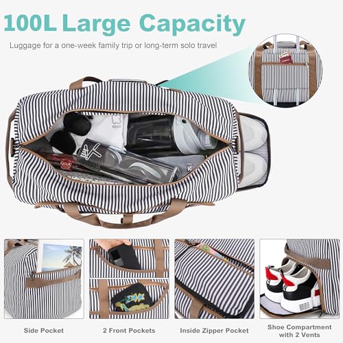 100L Duffle Bag for Travel, Large Foldable Waterproof Travel Duffel Bags Weekender Overnight Bag for Men and Women with Shoe Compartment (Stripe) | Collapsible, Water Resistant, Tear-Resistant, with Shoe Compartment, for Gym Sport Overnight Weekender, for