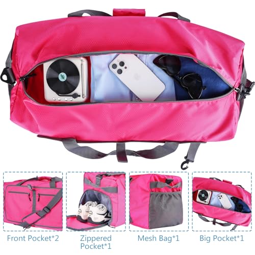 60L Duffle Bag with Shoes Compartment - Foldable&Large Capacity Travel Duffel Bags, Lightweight & Water-Resistant Gym Bag - Rose - color: 60L-Rose