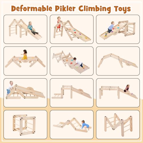 INFANS 12 in 1 Climbing Toys for Toddlers, Upgrade Wooden Montessori Foldable Triangle Climber Set with Reversible Ramp Slide Ladder Seesaw, Indoor Pikler Climb Activity Jungle for Kids Age 3+ - style: 12 in 1