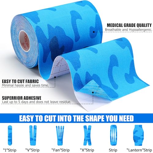 Wide Kinesiology Tape, 3 Pack, 4in x 5.5yd, Waterproof Blue Camo | Waterproof & Sweat-Resistant, Breathable Latex-Free Cotton, For Shoulder, Knee, Fit Sports, Workouts & Active Training - color: Blue 4in