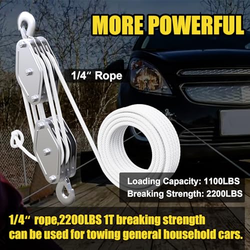 Block and Tackle 1100 lbs, 2200 LBS Breaking Strength Heavy Duty Pulley, 50 Ft 3/8" Rope Pulley, 5:1 Lifting Power Pulley System, Pulley Hoist for Animal Husbandry, Warehouses, Constructions - color: WHITE
