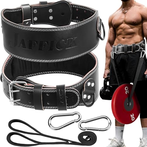 Jaffick Leather Weight lifting belt & 2-in-1 Dip Belt with Rope for Weightlifting Pull Up Gym Powerlifting Squat Bodybuilding Waist Support for Men Women - size: XL