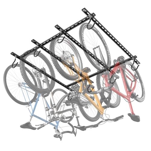 TORACK Ceiling Bike Rack for Garage, Ceiling-Mounted Bicycle Storage Hooks for 4 Bikes (Horizontal) or 8 Bikes (Vertical), Adjustable Overhead Bicycle Hooks for Mountain, Road, and Kids' Bike - style: 4 bikes horizontal