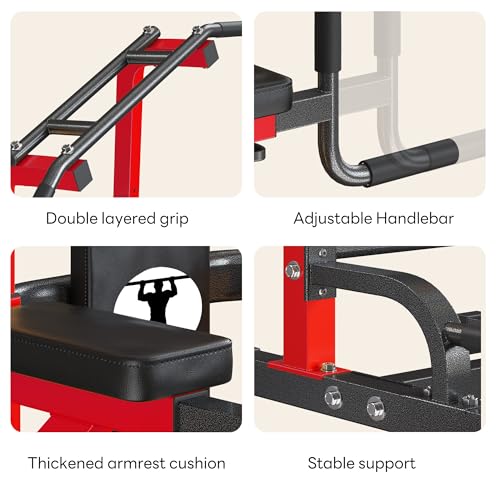 SogesPower Power Tower Pull Up Bar Station Multi-Function Dip Station | Adjustable Height Pull Up Dip Station Dip Bar Strength Training Fitness Equipment,Up to 500LBS - color: Red