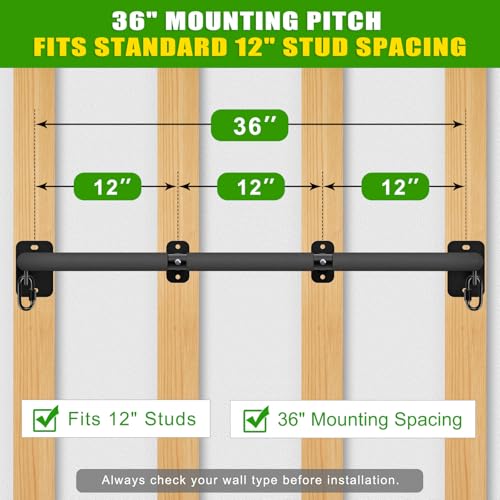 SELEWARE 32"/36" Wall Mount Pull Up Bar Joist Mount Chin Up Bar for Doorway | Heavy Duty Steel Construction Support 450 lb, w/Resistance Band Hooks, Fits 32"/36" Wall Studs for Home Gym Strength Training - size: A: 36" x 1.6" Dia Grip