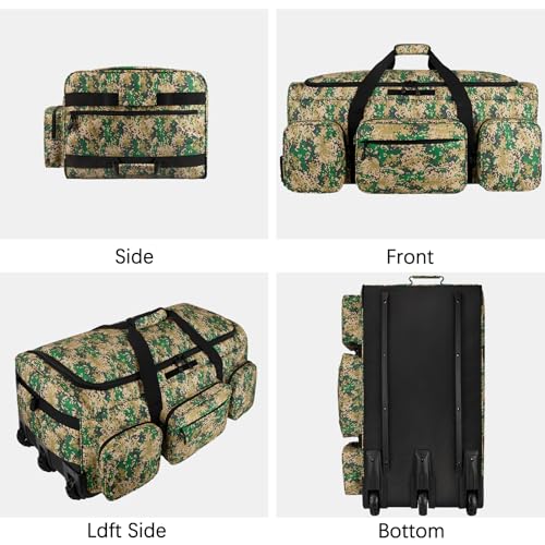 120L 3 Wheel Tactical Rolling Duffle Bag, Heavy Duty Military Deployment Luggage, 900D Waterproof Duffel for Camping Travel Outdoor Sports - color: Camo Green