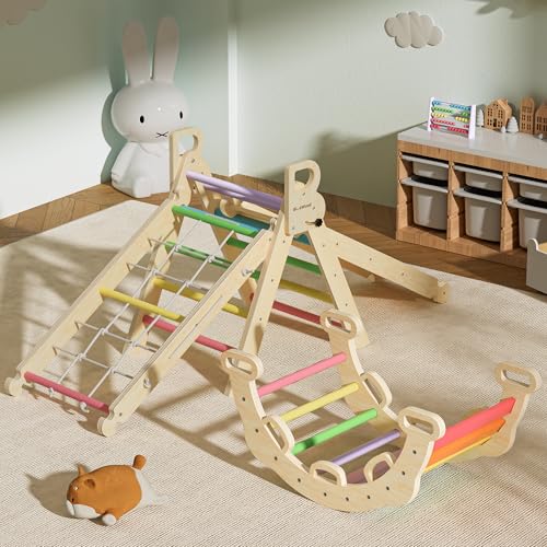 BlueWood 2024 8-in-1 Pikler Triangle Climbing Set Toddler Toys Indoor Baby Jungle Gym Climber Playground for Kids - Rainbow - color: Rainbow