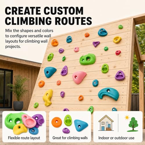 36 Pack Rock Climbing Holds with M10 Hardware, Textured Resin Wall Grips | Assorted shapes for route setting; fits garage & home gym wood walls; 230lb capacity; adult install required