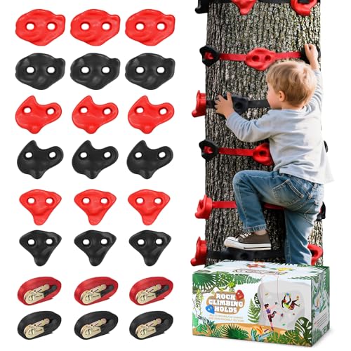 TOPNEW 18 Ninja Tree Climbing Holds for Kids Climber, Red & Black Tree Climbing Kit with 6 Ratchet Straps for Outdoor Ninja Warrior Obstacle Course Training - style: 18 Black and Red Climbing Holds