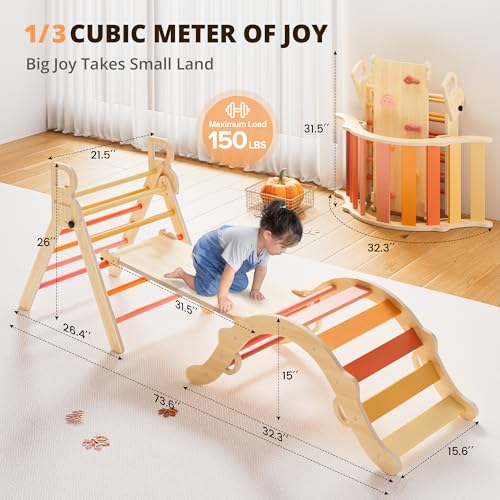 BlueWood Pikler Triangle Set, Toddler Climbing Toys Indoor 7in1 Foldable | Wooden Climber for Kids, Montessori Philosophy Play Jungle Gym with Arch, Ramp, Ladder (Farm Charm Autumn) - color: Farm Charm Autumn