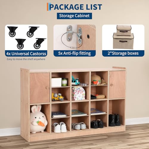 Garvee Mobile Storage Cabinet with 2 Cabinet Doors,Storage Cubby with 5 Anti-Flip Fittings, 4 Castors and 2 Boxes for Home,School,Kindergarten, Natural - size: 12 Cubbies with 2 doors