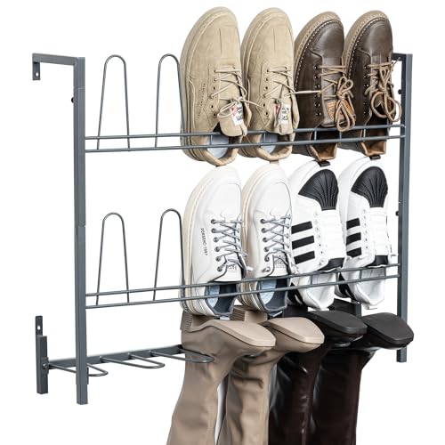 MyGift Premium Urban Gray Metal Hanging Shoe Rack for Walk in Closet, Mudroom and Entryway, Wall Mounted Space Saving Organizer for Shoes and Boots, Holds 9 Pairs - color: Grey (3 Tiers, 9 Pairs)
