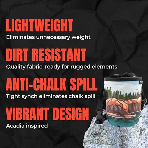 Rock Climbing Chalk Bag | for Outdoor, Gym, & Bouldering | Adjustable Waist Belt, Durable Drawstring Closure, & Zippered Pocket - style: Acadia