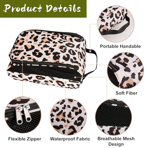 Golf Shoe Bag, Outdoor Zipper Sports Shoe Strap Bag with Air Mesh Ventilation, Durable Waterproof Golf Shoe Carry Bags with Sturdy Handle for Gym, Soccer, Running & Suitcase Packing (Leopard Print) - color: Brown Leopard