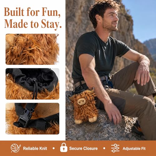 Funny Highland Cow Rock Climbing Chalk Bag, Soft Fluffy Cow Climbing Chalk Pouch with Drawstring Adjustable Belt, Fit Bouldering, Gymnastics Outdoor Activities for Climbers - color: beige