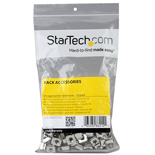 StarTech 100-Pack M6 Square Hole Cage Nuts & Tool, Nickel-Plated, TAA | Silver finish, Mounts servers, Install tool included, GSA Schedule - color: Silver, size: 100-pack, style: Cage Nut only