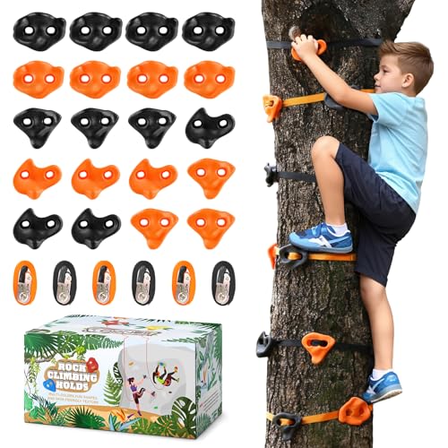 TOPNEW 20 Ninja Tree Climbing Holds for Kids Climber, Orange & Black Tree Climbing Kit with 6 Ratchet Straps for Outdoor Ninja Warrior Obstacle Course Training - style: 20 Pcs Orange & Black 2